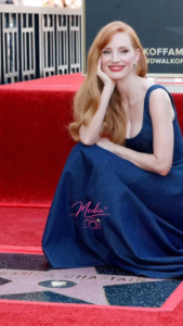 Jessica Chastain chills in a long blue dress