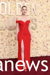 Rachel Brosnahan in a red dress