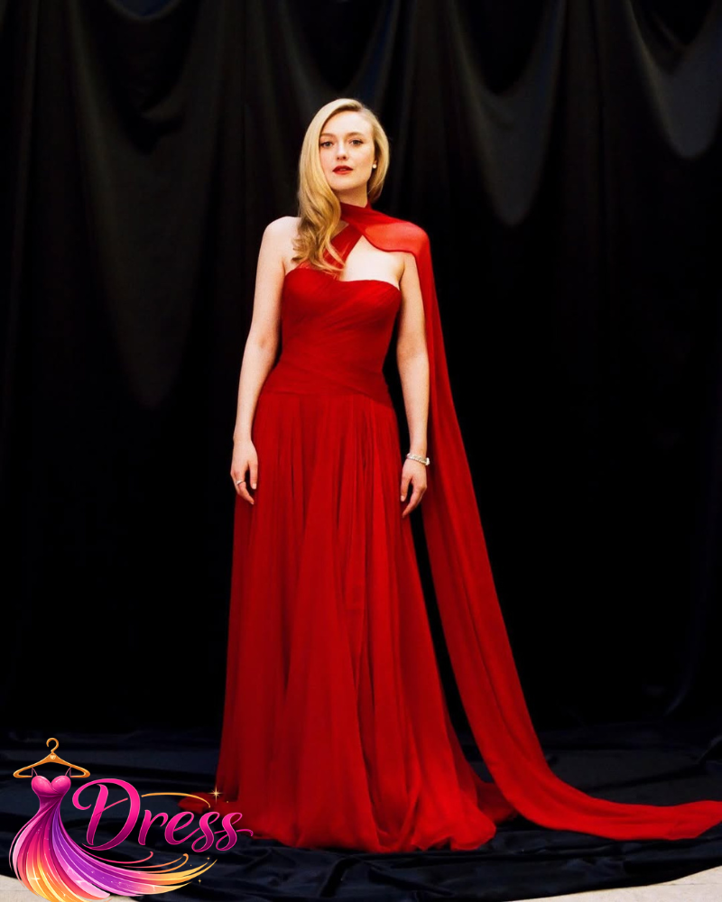 red Dakota Fanning dress