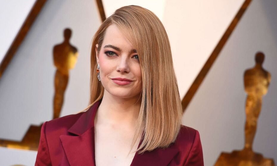 Emma Stone with her maroon dress