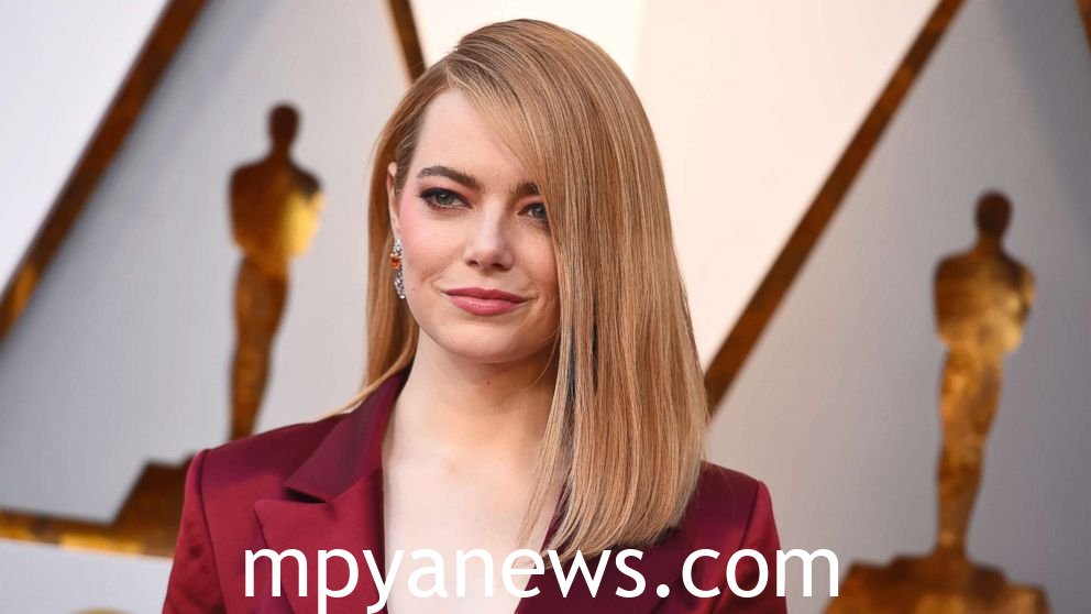 Emma Stone with her maroon dress