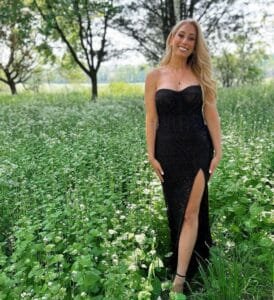 Stacey Solomon fashion: on a black fashion dress