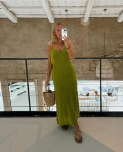 Tanya Burr Dress: in a tall green dress