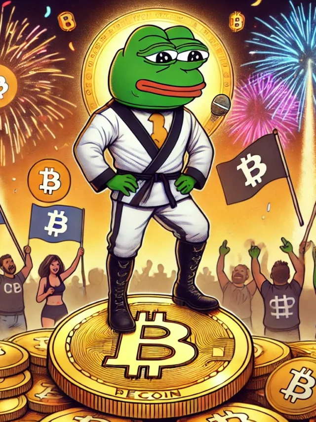 DALL·E 2025-02-20 17.29.48 - A final digital illustration showing Bitcoin Pepe as a symbol of meme finance success. Bitcoin Pepe is depicted as a victorious figure, standing on to