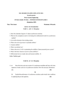 Power Systems Engineering I Exam Past Paper