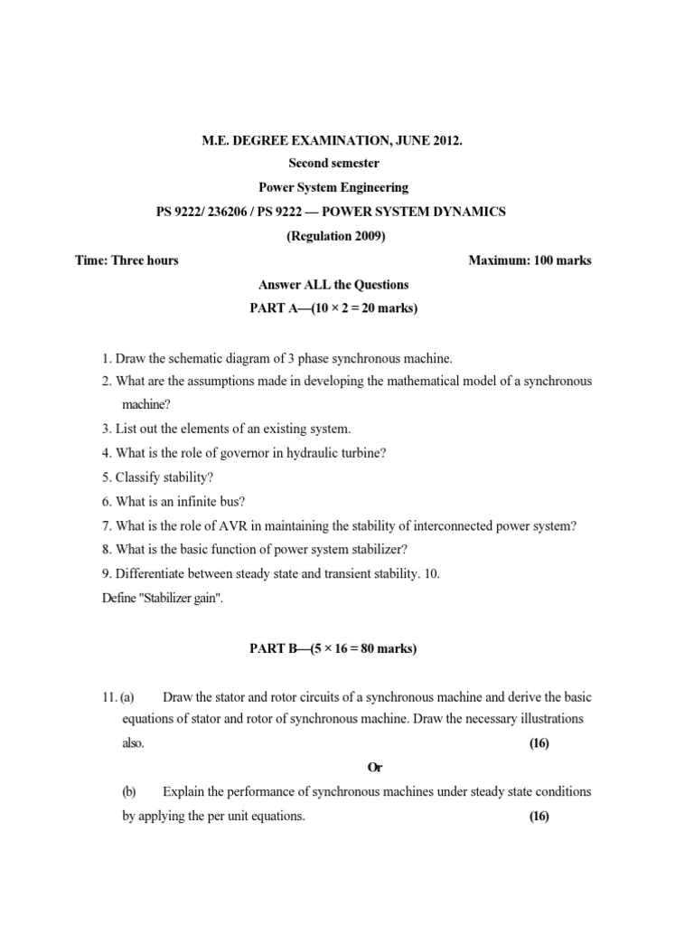 Power Systems Engineering I Exam Past Paper