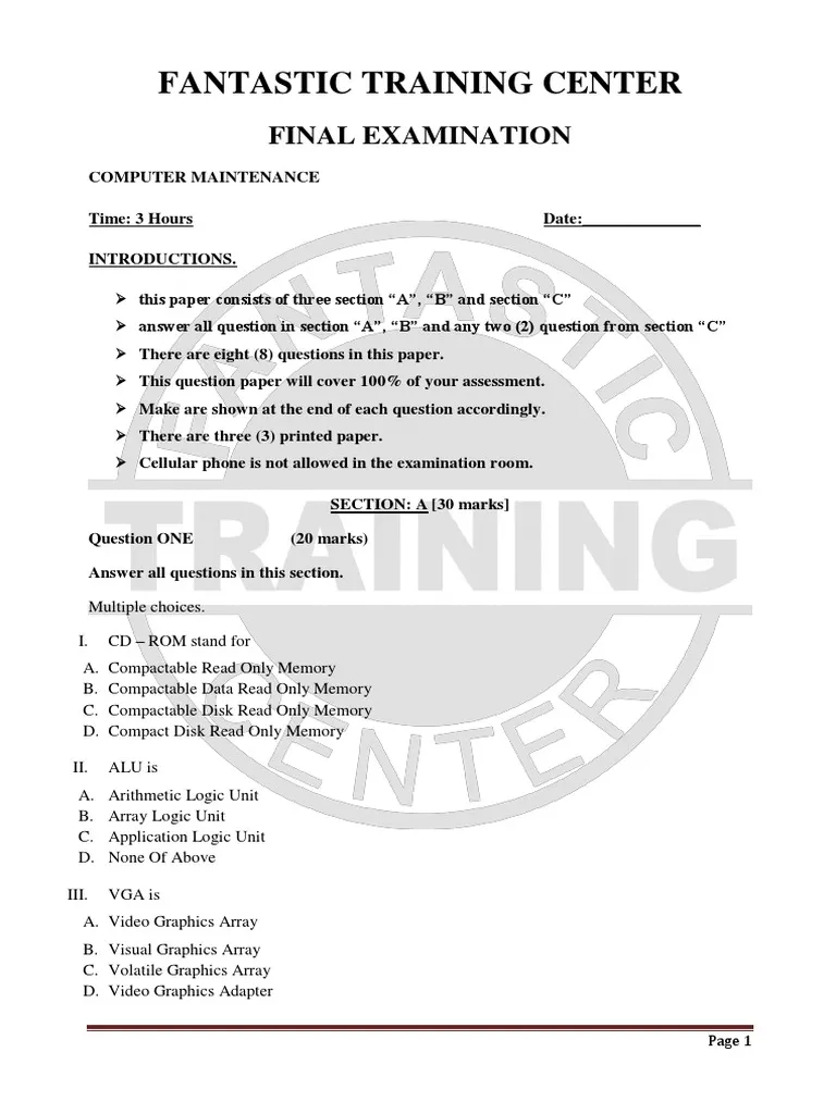 Computer Hardware And Maintenance Exam Past Paper