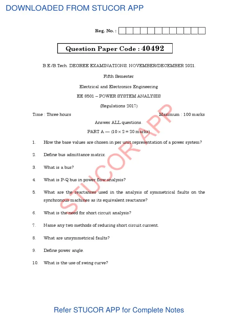 Power System Analysis Exam Past Paper