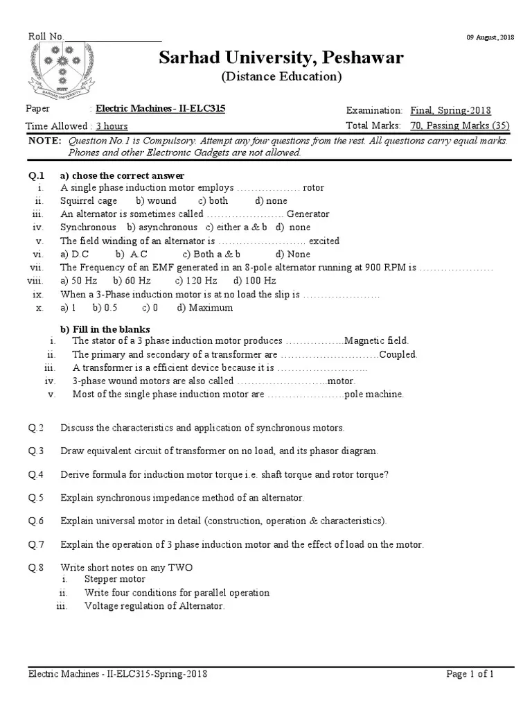 AC And Special Machines Exam Past Paper