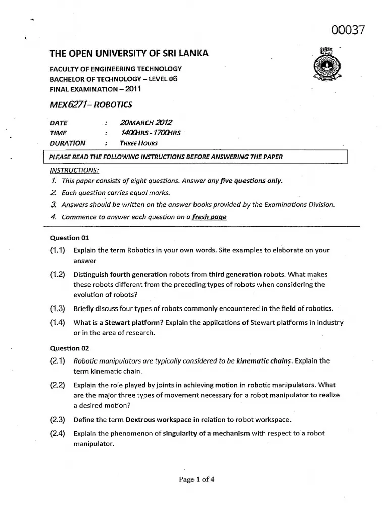 Robotics And Automation Exam Past Paper