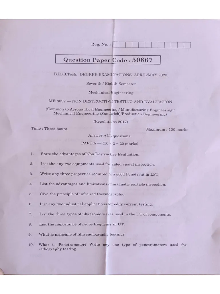 Non-Destructive Testing Of Materials Exam Past Paper