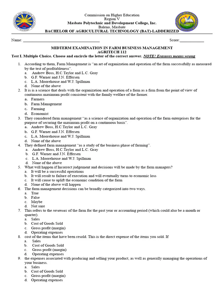Farm Management And Finance Exam Past Paper