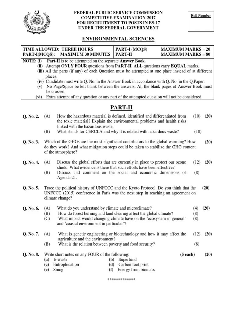 Ecology And Environmental Science Exam Past Paper