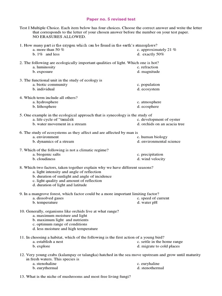 Ecology, Environmental Physiology And Management Exam Past Paper