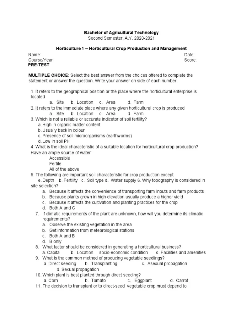 Horticulture Crop Production Exam Past Paper