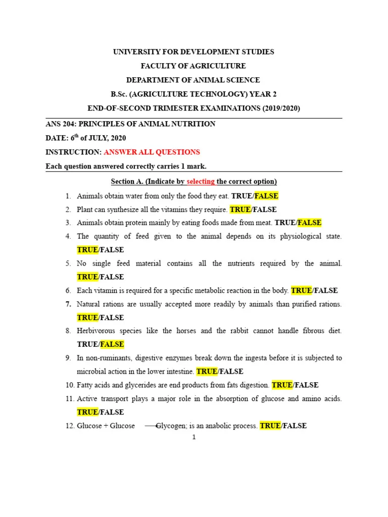 Animal Nutrition I Exam Past Paper
