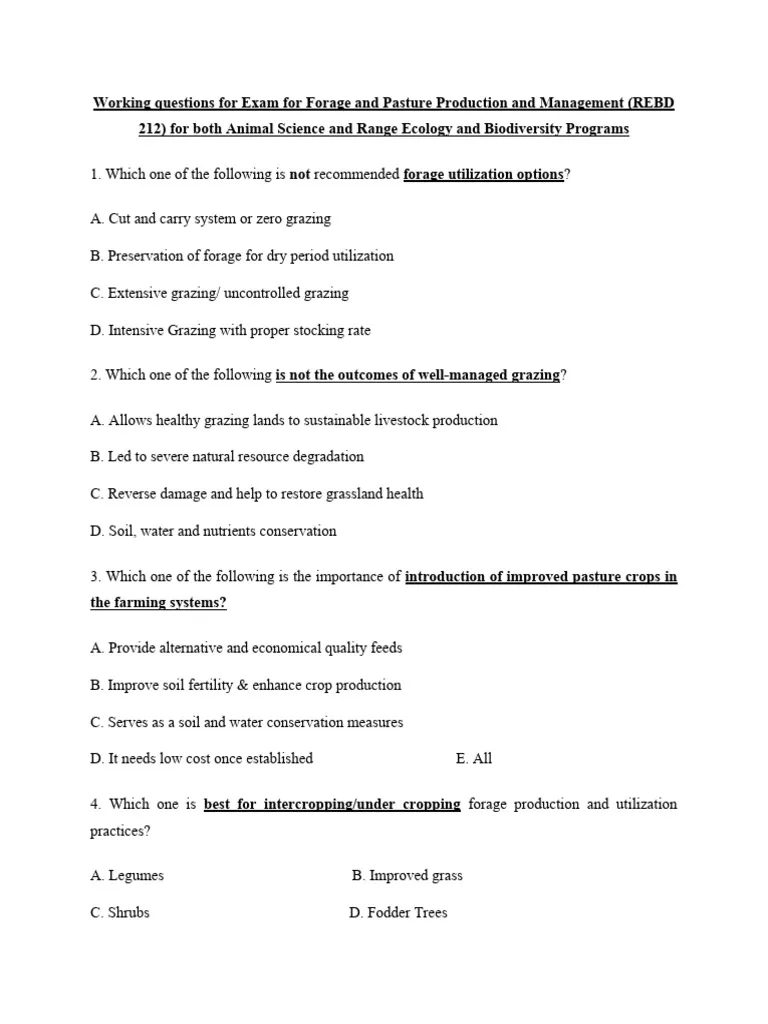Pasture And Fodder Production Exam Past Paper