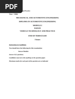Vehicle Technology And Practice II Exam Past Paper