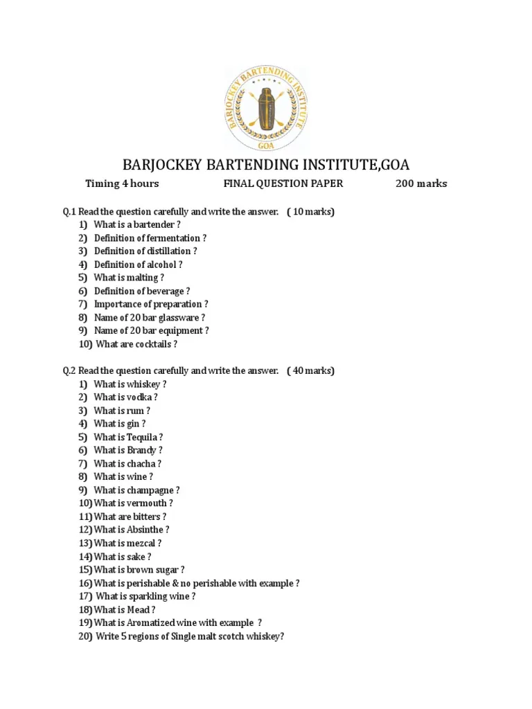 Mixology And Operation Exam Past Paper