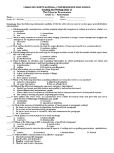 Reading And Writing Skills In English Exam Past Paper