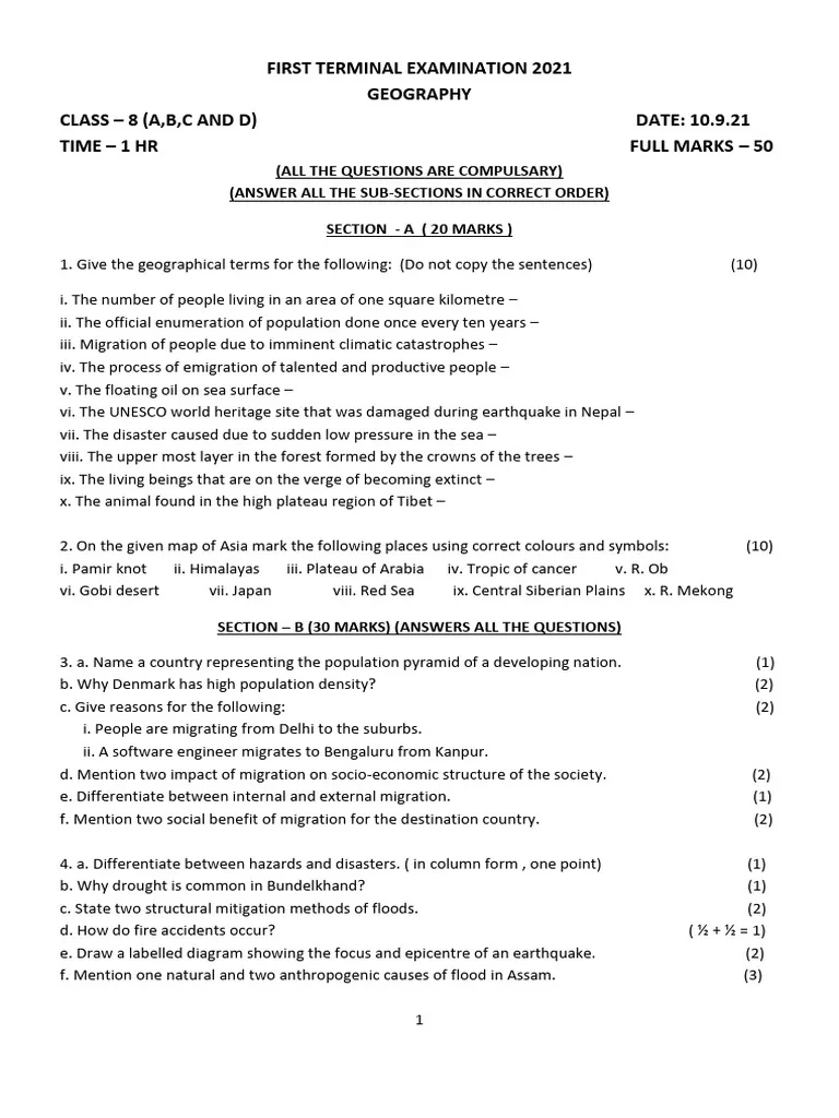 Population Geography Exam Past Paper