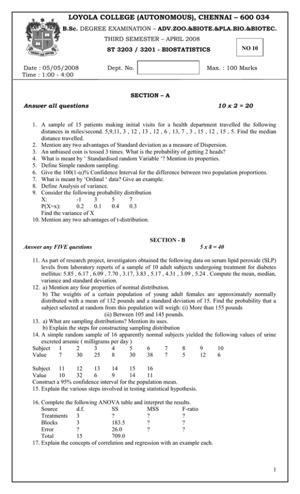 Download Biostatistics Exam Past paper for Campus Students