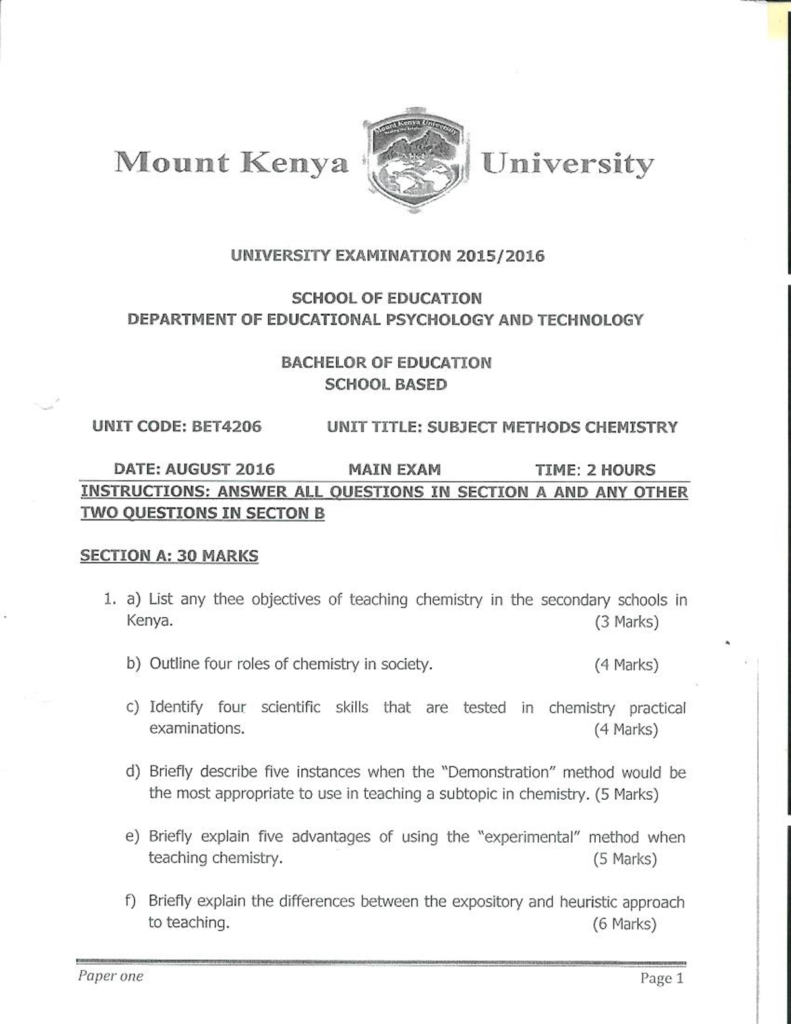 Past Paper On Chemistry Subject Methods For Revision