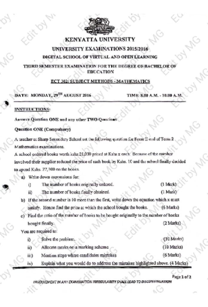 Download Past Paper on Mathematics Subject Methods For Revision