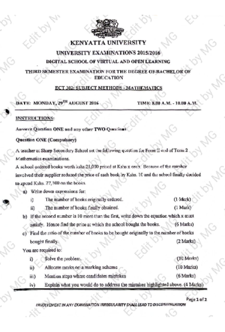Download Past Paper On Mathematics Subject Methods For Revision - MPYA NEWS