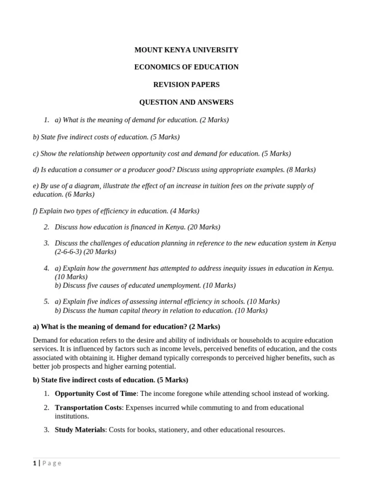 Past Paper On Themes In Economics Of Education For Revision