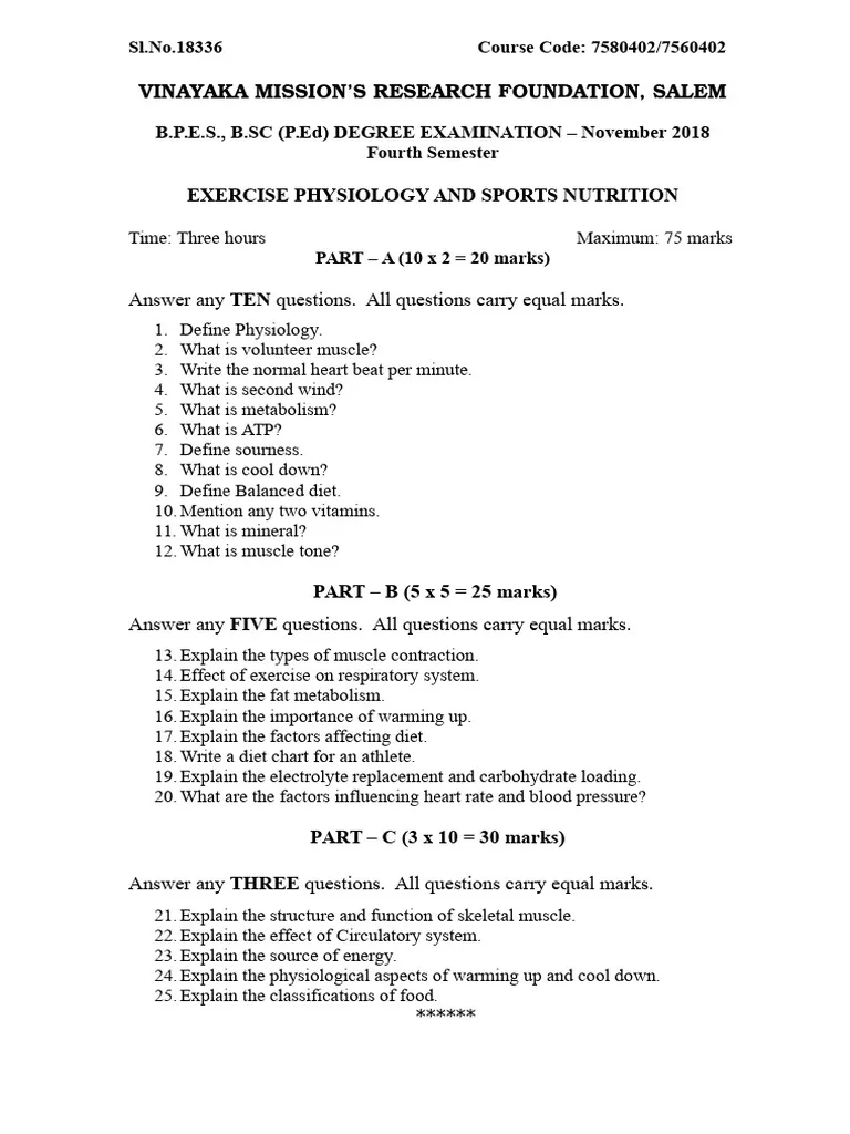 Past Paper On Exercise Physiology And Sports Nutrition For Revision