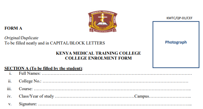 Download KMTC Enrollment Form for Kenyan Students