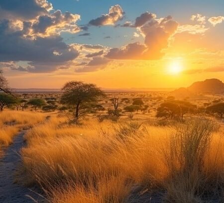 Golden Hour Light On Acacia Trees Kenyan Savannah