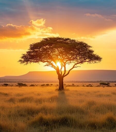 Golden Hour Light On Acacia Trees Kenyan Savannah